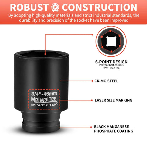 Half Inch Drive Deep Impact Socket Set features 3/4-inch socket with 6-point design, CR-MO steel, black phosphate coating.