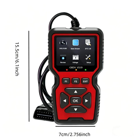 Front view of V519 OBD2 Scanner Diagnostic Tool Car Code Reader With 35901 Built In DTC Library Check Engine Light Reader Live Data IM Readiness Battery Voltage Test For 1996 And Newer Vehicles showing dimensions.