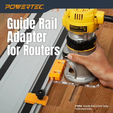 Real Deal Router Guide Rail Adapter For DeWalt DWP611 And DCW600B Fixed Base Trim Routers attached to guide rail for precise cuts.