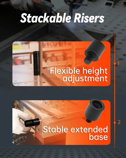Stackable risers from the Welding Table Clamps And Fixture Pins Kit, showing flexible height adjustment and stable extended base.