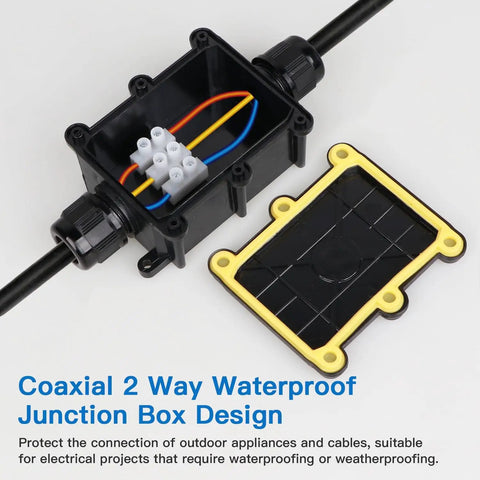Open view of Outdoor IP68 Waterproof Junction Box 2 Way Weatherproof Electrical Enclosure with wires inside, black