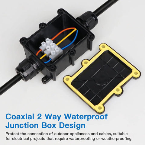 Two Pack Waterproof IP68 Outdoor Junction Box 2 Way Enclosure For Underground Lines with open lid and visible wiring inside