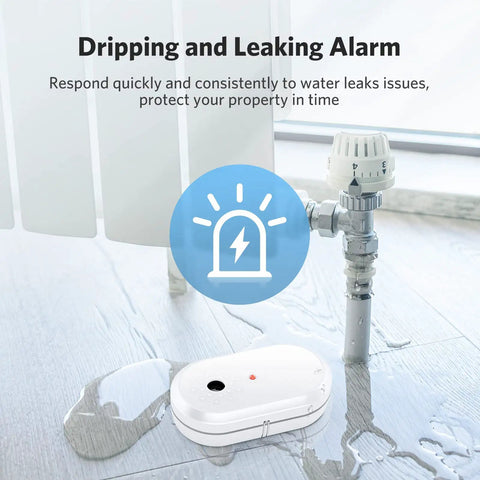Water leak sensor detecting leak with alarm icon, part of 3 Pack Water Leak Sensor Alarm Kit With 95dB Audible Alert For Kitchen, Bathroom, Basement, Laundry And Garage, Fast Leak Detection And Drip Alerts To Keep Your Home Dry And Damage Free.