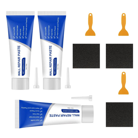 DIY Friendly All In One Drywall Repair Kit with patches, spackle, sanding paper, and scraper for wall mending.