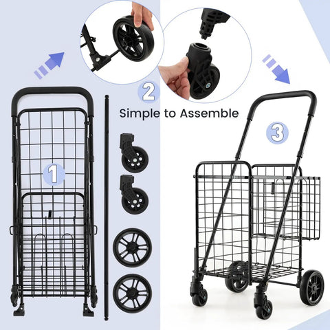 Foldable Grocery Hauling Cart With Dual Basket And 360 Degree Wheels assembly guide