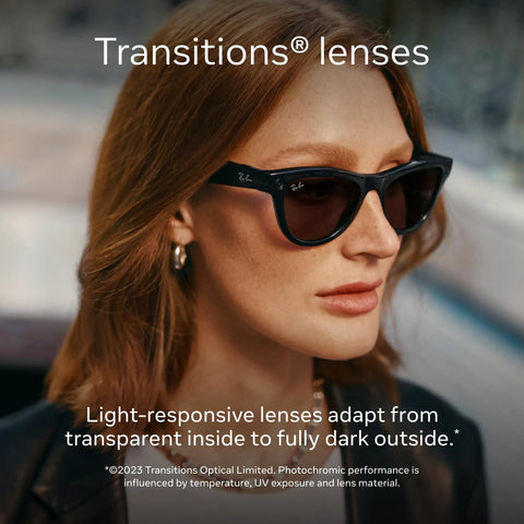 Woman wearing sunglasses with Transitions lenses; cinnamon pink frames visible; Meta Gen 1 Skyler Smart AI Glasses For Men And Women.