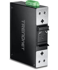 Workhorse Industrial 7-Port Gigabit PoE Plus DIN Rail Switch 12-56V, rugged design, side view showing mounting brackets.