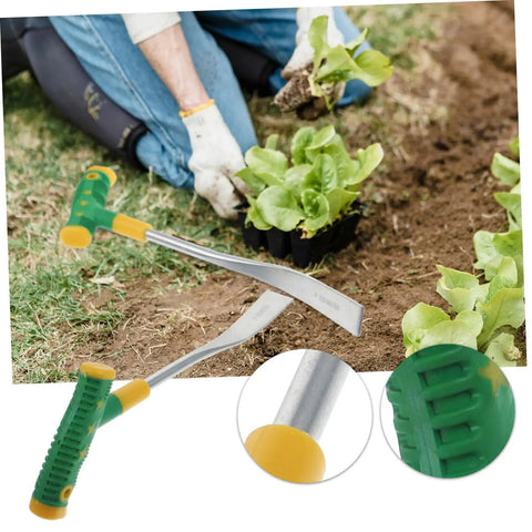 Versatile Garden Shovel And Pickaxe Set For Digging And Planting With Ergonomic Handle, showing tools beside gardener