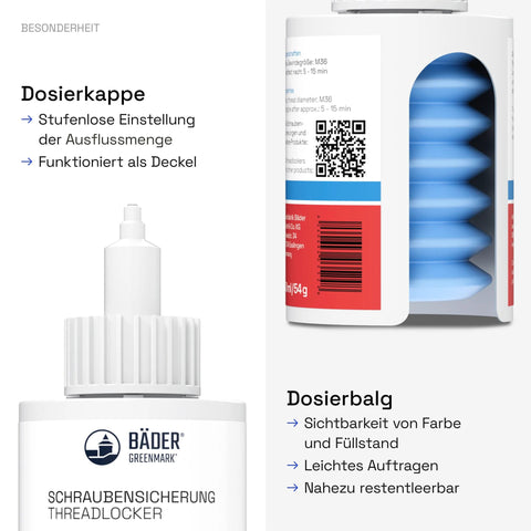 Blue thread locker metal fastening 50ml bottle with dosing cap and bellows, ideal for automotive and machinery applications.
