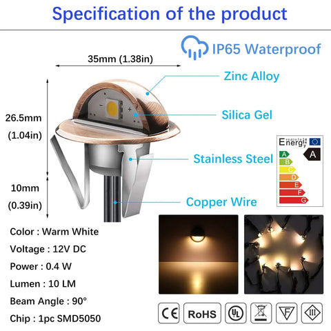 Specification sheet of Dope Outdoor LED Deck Lights Kit for Home Yards, 12V DC, IP65 Waterproof Recessed Step Lights, 1.38in Bronze