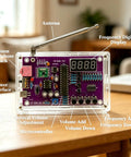 FM Radio Kit Soldering Practice Kit For DIY Electronics Lovers And Students with digital display and labeled parts on table.