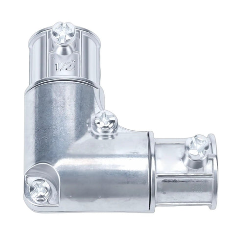 1/2 Inch Zinc Alloy 90 Degree Conduit Fitting Inside Corner Pull Elbow Electrical Metallic Tubing Coupling with screws for secure connections.