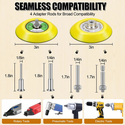 174 Piece 3 Inch Sanding Discs Kit With Polishing Accessories Grit Range 60 Through 10000 Includes Foam Pads Wool Buffing Pads Drill Backing Pads And One Quarter Inch Adapters And One Eighth Inch Adapters For Grinding To Mirror Finish illustration of adapter rods