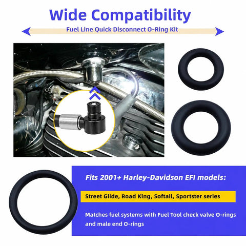 Fuel Line Quick Disconnect O Ring Kit For 2001 And Newer EFI Motorcycles, complete with O-rings and check valve tools.