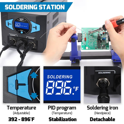 Upgraded 2 In 1 ESD Safe Soldering Desoldering Station with digital display and user soldering a PCB, temperature control visible