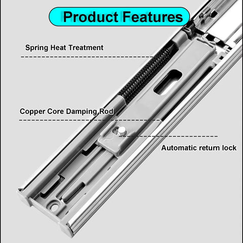 Close-up of Rock Solid Premium Soft Close Drawer Slides features like copper core damping rod and spring heat treatment.