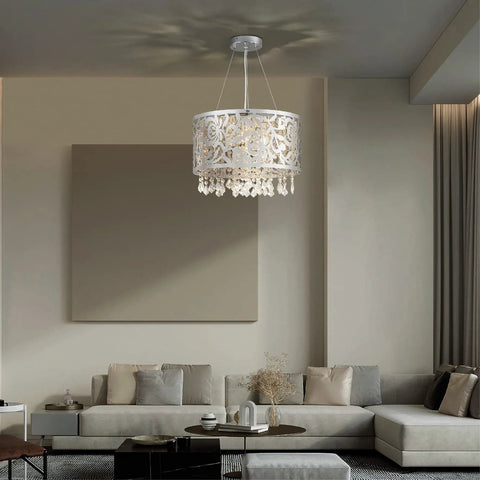 Modern Crystal Drum Chandelier with six beaded crystals, 14.9 inch ring pendant ceiling light in a living room setting.