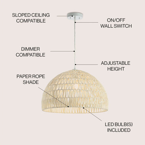 Cream Modern Boho Rope LED Pendant Light Fixture With Adjustable Dome Ceiling Lamp For Kitchen Island, Rope Shade