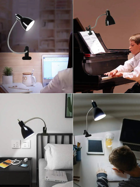Eye-Caring Clip On Desk Lamp With 360 Degree Gooseneck Reading Light in multiple settings for reading and study
