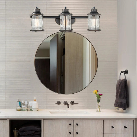 All In One Bathroom Set With Oil Rubbed Bronze 3 Light Vanity Fixture, Towel Bar And Ring, Robe Hook And Toilet Paper Holder