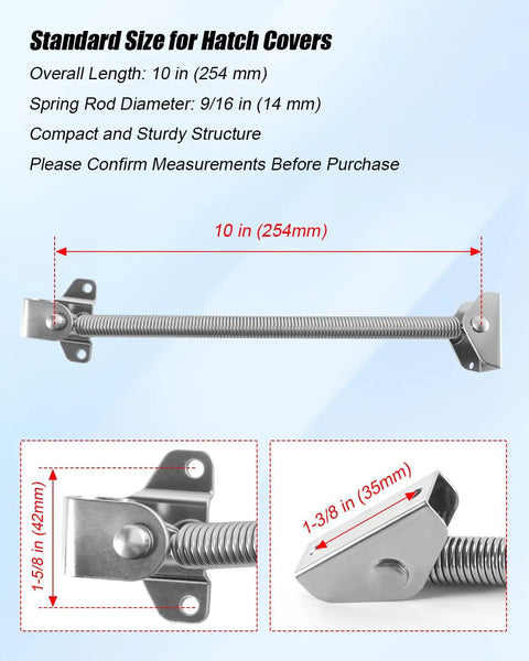 10 Inch Hatch Lid Support Spring In 316 Stainless Steel For Boats And Yachts, with measurements in inches and millimeters