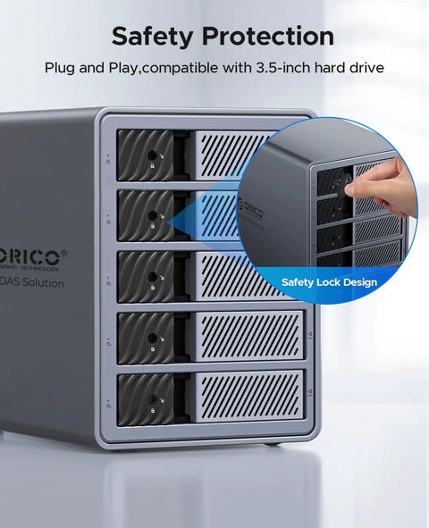 Heavy Duty Five Bay Hard Drive Enclosure USB 3.0 SATA External HDD Cage For 3.5 And 2.5 Inch SSD Supports Up To 110TB with safety lock design.
