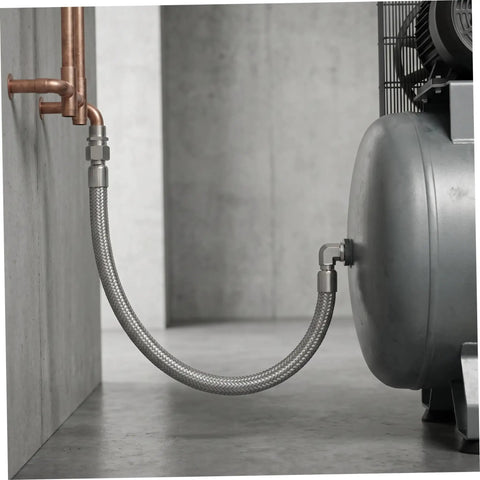 Badass Half Inch Stainless Steel Braided Air Hose High Pressure Heat Resistant Jumper For Industrial Air Compressor Pump Discharge Vibration Absorbing Heavy Duty Pro Grade Quality Keeps Moving Smooth Easy Install Shop Ready Top Tier connecting compressor to tank