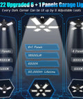 LED Garage Light 6 Pack 185W With 6 Plus 1 Adjustable Panels 360 Degree Coverage Crazy Bright 18500 Lumens info chart.