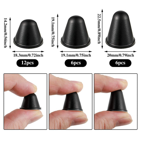 DIY Friendly Self Adhesive Black Conical Rubber Bumpers Set Of 24 In Three Size Options, shown in detail with measurements