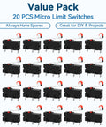 20 Pack KW12-3 Micro Limit Switches With Roller Lever Arm SPDT Snap Action 250V 5A AC Tiny Switches For 3D Printers CNC Machines And DIY Electronics Projects, 20 black switches