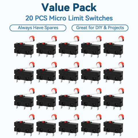20 Pack KW12-3 Micro Limit Switches With Roller Lever Arm SPDT Snap Action 250V 5A AC Tiny Switches For 3D Printers CNC Machines And DIY Electronics Projects, 20 black switches