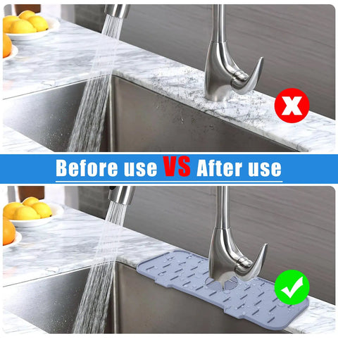 Silicone Faucet Splash Guard Mat For Kitchen Sink, Drip Catcher Tray To Keep Counter Dry, No Mess, Gray, shown before and after use