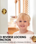 Round Recessed Door Lock Set With Privacy Knob And Hidden Cup Handle Stainless Steel Keyless Recessed Door Pull Latch Knob Vintage Style Bedroom Privacy Knobs For Pocket Doors In Golden Finish installed on door with child nearby.