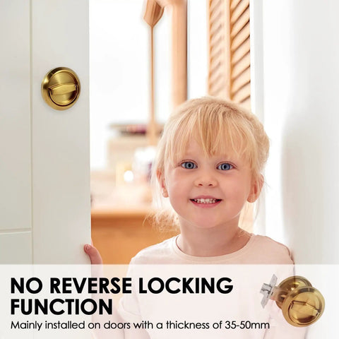 Round Recessed Door Lock Set With Privacy Knob And Hidden Cup Handle Stainless Steel Keyless Recessed Door Pull Latch Knob Vintage Style Bedroom Privacy Knobs For Pocket Doors In Golden Finish installed on door with child nearby.