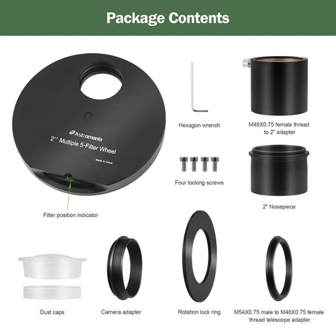 Package contents of 5 Position 2 Inch Telescope Filter Wheel Holder For Astro Observing And Heavy Cameras Aluminum Body