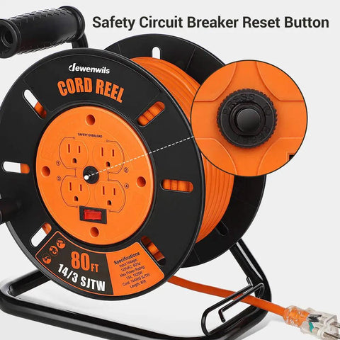 80 Ft Heavy Duty Retractable Extension Cord Reel With 4 Grounded Outlets, 13A Circuit Breaker, SJTW 14/3 Outdoor Indoor Cord, Handle Rewind
