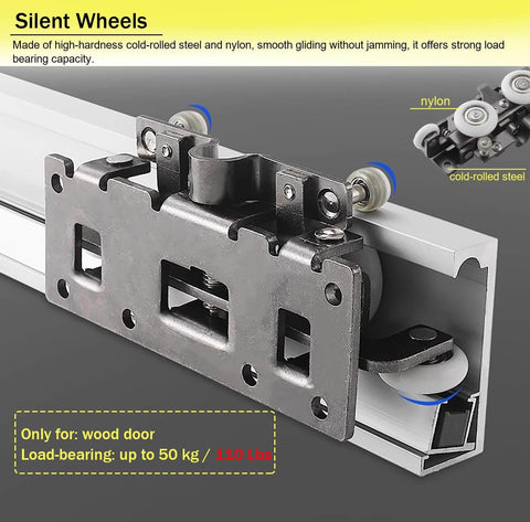 Smooth Trackless Ghost Sliding Door Hardware Kit Soft Close Pocket Door System for wood doors with visible nylon wheels.