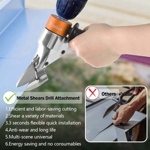 Heavy Duty Sheet Metal Cutter Drill Attachment used for smooth, burr-free cuts in steel and aluminum; shown in use on a metal sheet.