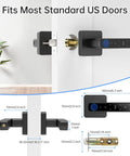 Smart Biometric Fingerprint Door Lock With App And Passcode, Five Unlocking Methods Including Fingerprint, Code, App Control, IC Cards, And Physical Keys, Keyless Entry Door Knob With Handle For Home Office Hotel Apartment, installed on a door with dimensions shown.