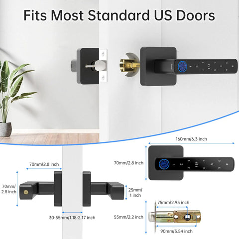 Smart Biometric Fingerprint Door Lock With App And Passcode, Five Unlocking Methods Including Fingerprint, Code, App Control, IC Cards, And Physical Keys, Keyless Entry Door Knob With Handle For Home Office Hotel Apartment, installed on a door with dimensions shown.