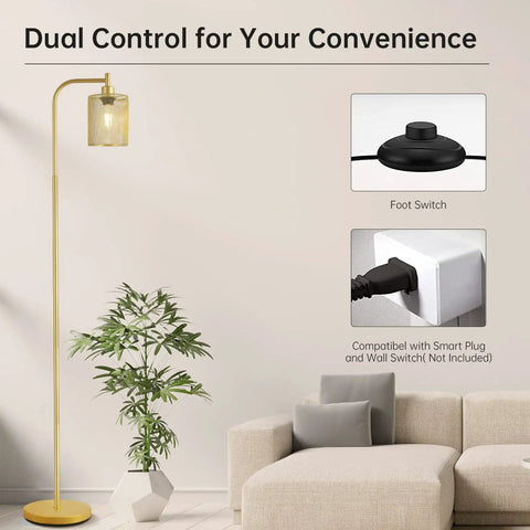 Tall Gold Floor Lamp With Iron Mesh Lampshade 67 Inch LED Standing Lamp Brass Base 6W Energy Efficient Lighting in a living room.