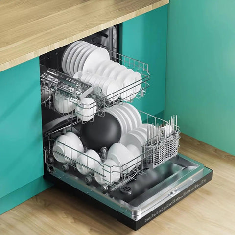 Hassle Free Countertop Dishwasher With Built In Mount Fully Automatic Large Capacity Desktop Washer Hot Air Dry Cabinet rated for glass and ceramic dishes.