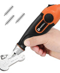Compact 24W Engraving Pen Delivers Badass Performance at Five Speeds, etching a metal tag with three tungsten carbide bits.