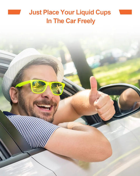 Man in a car giving thumbs up, text reads 'Just Place Your Liquid Cups In The Car Freely'. Ram 1500 Cup Holder Inserts For 2019 To 2026 Models Pack Of 2 Deep Pocket Cup Holders Replaces OEM 5YK46TX7AC 5YK47TX7AC Right And Left Door Cup Storage Upgrade Durable Fit.