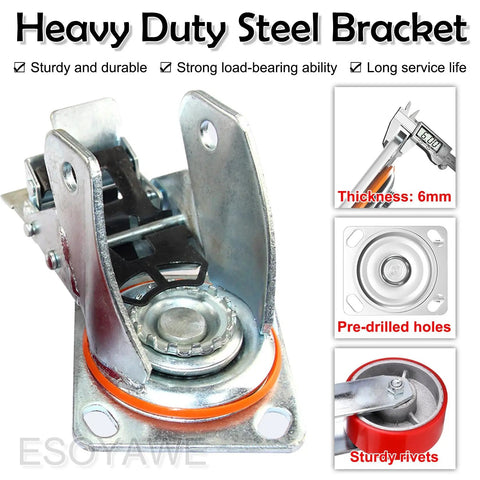 Heavy Duty Steel Bracket for Heavy Duty Polyurethane Caster Wheels Set Of 4 With Locks Double Ball Bearing Swivel Casters.