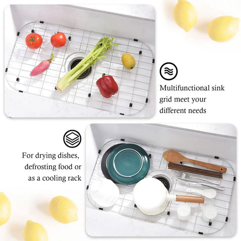 Heavy-Duty Stainless Steel Sink Grid Protectors For Single Bowl Kitchen Sinks, Center Drain Design with vegetables and dishes