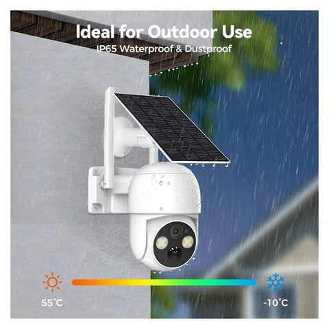 Hella Tough 5Mp Solar Wireless Ptz Security Camera With Ai Human Detection Auto Tracking IP66 Waterproof mounted outdoors, solar panel in rain.