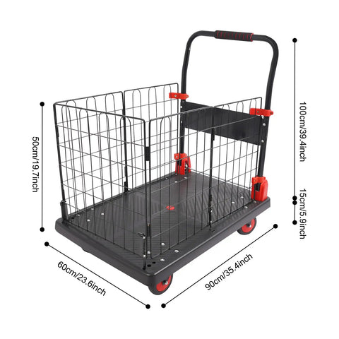Heavy Duty Platform Cart With Cage And Foldable Flatbed Hand Truck Dolly For Moving Boxes And Equipment Built Like A Tank From Thick Steel And Durable PP Rust Resistant Scratch Proof No Warping Ready For Daily Tough Jobs, 90x60x100cm