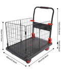 Heavy Duty Folding Hand Truck With Removable Wire Cage And Smooth Roll Wheels For Moving Furniture Groceries Or Pets Straight Up Multipurpose Cargo Dolly No Sweat Loading Heavy Gear Daily with dimensions labeled.