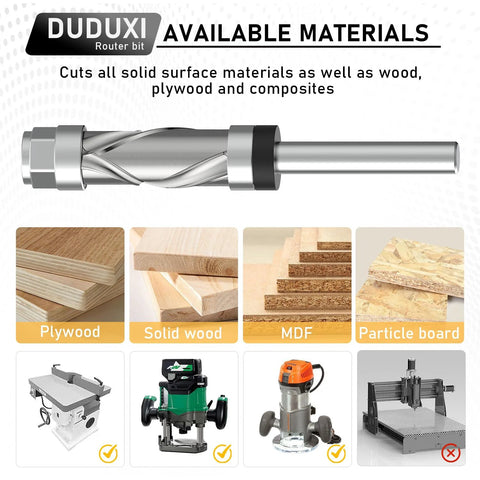 DUDUXI carbide compression flush-trim router bit with 1/4 in shank, top and bottom bearings, 1/2 in cutting dia, 1 in length